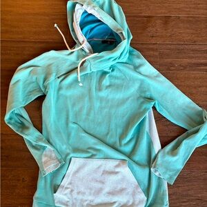 Ampersand Ave aqua blue double hoodie with white herringbone accents